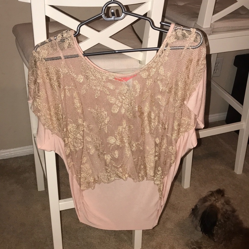 Golden sheer lace work on front. Soft pink back.